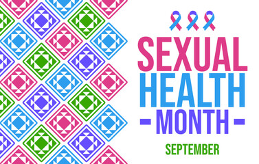 sexual health month september poster with bold pink and blue typography, awareness ribbons and vibrant diamond background promoting healthy lifestyle and education illustration