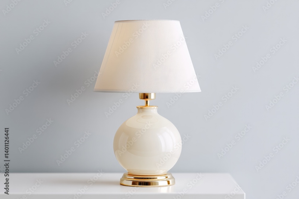 Poster minimalistic close-up of vintage lamp on clean white table with soft shadows and wide copy space