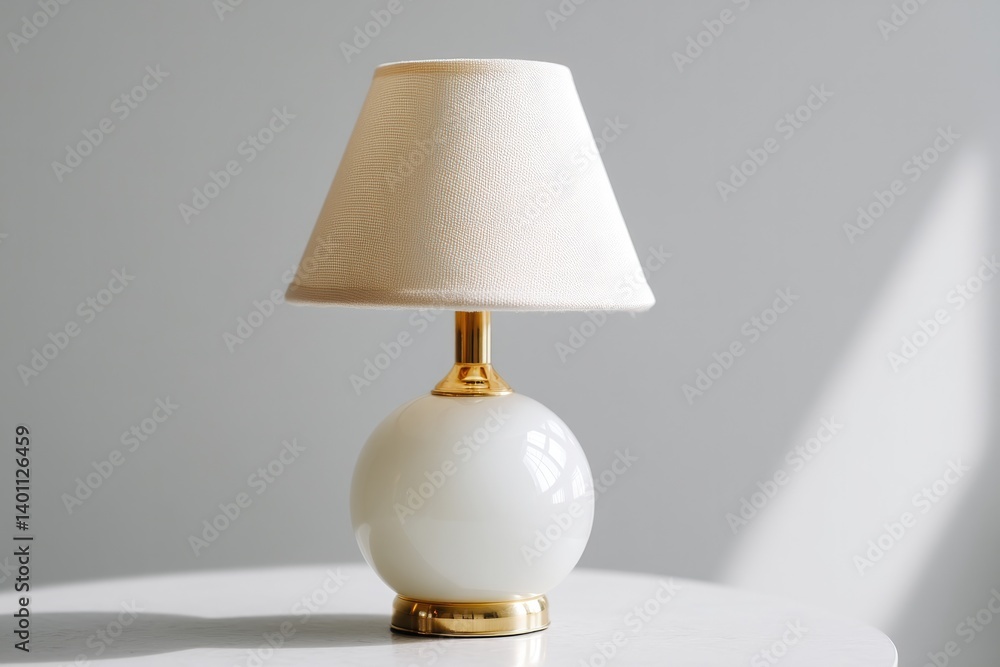 Poster minimalistic close-up of vintage lamp on clean white table with soft shadows and wide copy space
