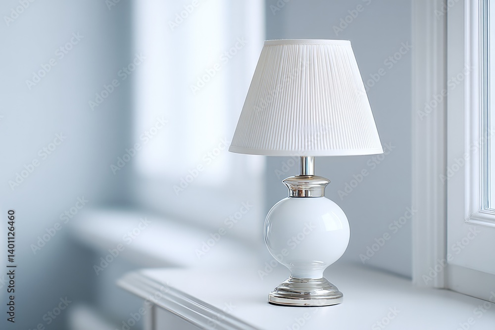 Poster minimalistic close-up of vintage lamp on clean white table with soft shadows and wide copy space