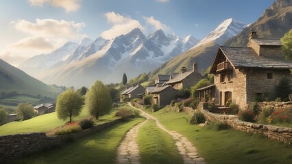 A quiet, rustic village surrounded by towering mountains, with stone cottages, winding paths, and the soft echo of birdsong 