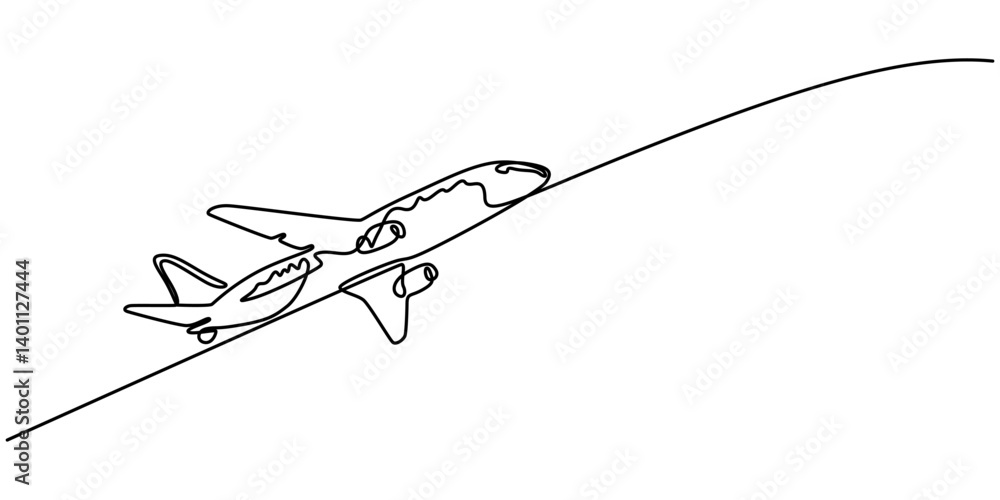 Poster airplane icon continuous one line drawing of outline vector illustration, one continuous line drawin