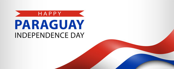 Paraguay Independence Day, simple minimalist web banner design. Text Happy Paraguay Independence Day and Paraguayan flag on white background.