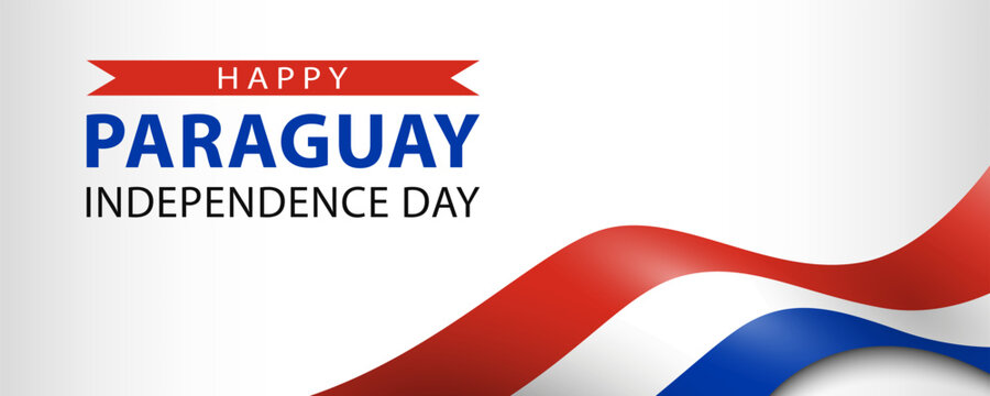 Paraguay Independence Day, simple minimalist web banner design. Text Happy Paraguay Independence Day and Paraguayan flag on white background.