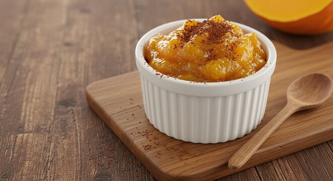 Doce de ab&oacute;bora com coco in small ramekin with rustic spoon on wooden table