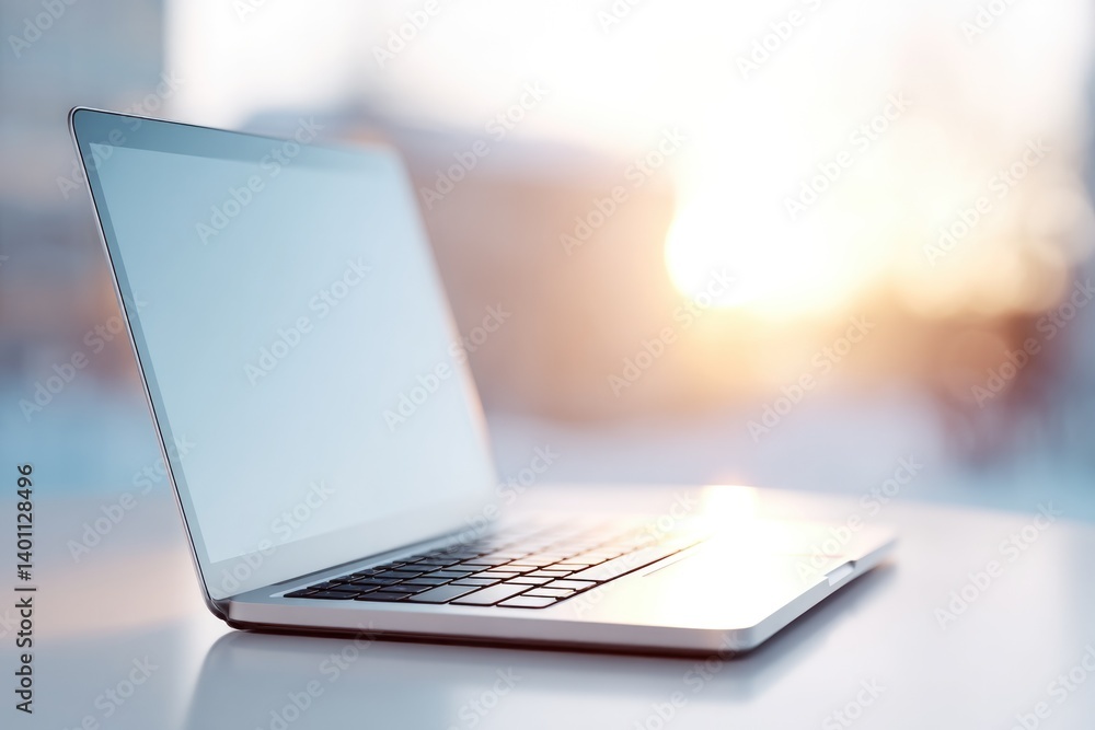 Poster serene yet inspiring workspace setup at home with sleek laptop open on modern desk surrounded by min