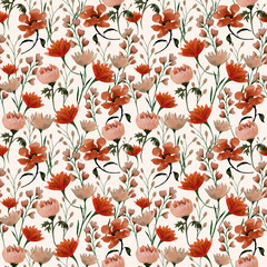Seamless vibrant pattern with flowers and leaves.
A bold and colorful design featuring a mix of bright flowers and leaves in dynamic, lively hues, perfect for textile,paper designs.