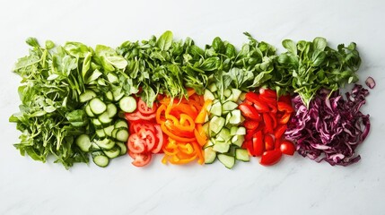 Fresh Colorful Vegetables and Greens Arranged Neatly on Surface