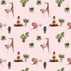 Seamless watercolor pattern of women in yoga poses surrounded by cozy indoor plants. Perfect for fabric and textile design (yoga mats, activewear, home decor)
