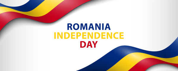 Romania Independence Day, simple minimalist web banner design. Romanian flags as frame and text Romania Independence Day in the middle on white background.
