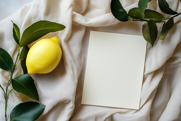 Fresh Lemon on White Fabric with Green Leaves