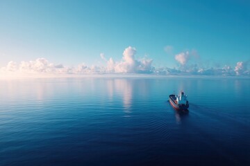 solitary cargo ship traverses vast open sea beneath serene sky its wake tracing path through deep blue waters