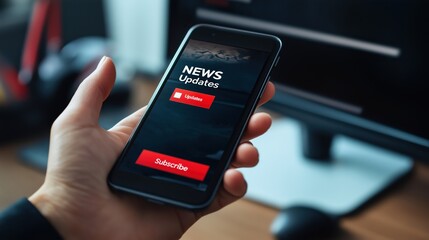 A close-up photo of a person holding a smartphone with a screen showing NEWS Updates