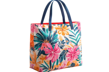 Vibrant floral tote bag perfect for summer style navy handles red lining on transparent background