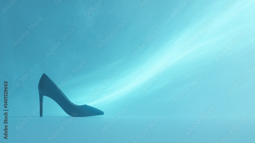 Poster surreal rendering of high heels floating in swirling mist of light set against textured gradient bac