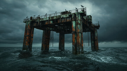 Weathered Ocean Platform Under Stormy Skies with Seagulls Roosting on Rusty Structure