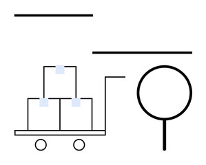 Stacked boxes on a wheeled cart next to a magnifying glass representing inspection or review. Ideal for logistics, shipping, quality assurance, inventory, supply chain, analytics, organization. Flat