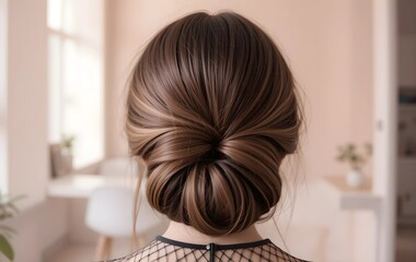back view of a woman with Smooth French twist hairstyle, woman's hair in a french twist bun hairstyle shot from back