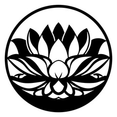 Lotus flower silhouette design inside circular frame- Black silhouette artwork of a blooming lotus flower enclosed in a circle, ideal for decorative, spiritual, and botanical inspired designs