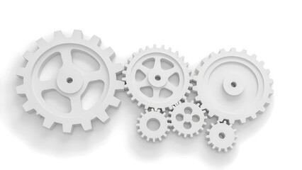 Interconnected white gear mechanism demonstrating industrial mechanical concept