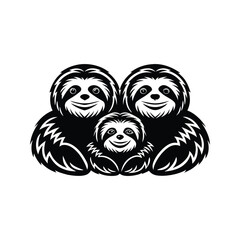 Obraz premium Adult sloth cuddling two baby sloths showcasing a icon silhouette vector with white background