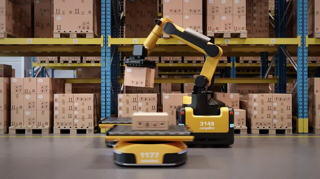 Autonomous robot arm loads parcels from shelf onto AGV robots in an automated warehouse or distribution logistics center. Smart warehouse automation concept. 3d rendering animation.
