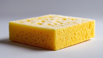 A yellow sponge is sitting on a white surface