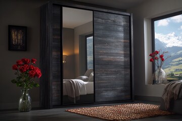 Modern dark wood wardrobe with mirror doors