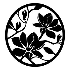 Floral silhouette with branches inside circle- Black silhouette illustration of blooming flowers, buds, and leaves on branches arranged in a circular frame, perfect for decoration and design