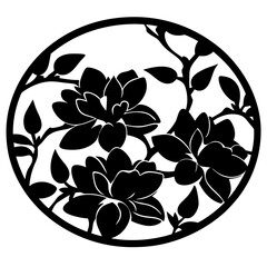 Floral silhouette pattern inside circular frame- Black silhouette illustration of blooming flowers and leaves forming a decorative pattern inside a circular frame, ideal for design and ornament