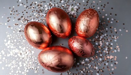 Obraz premium Colorful metallic Easter eggs with reflective surface and scattered star confetti