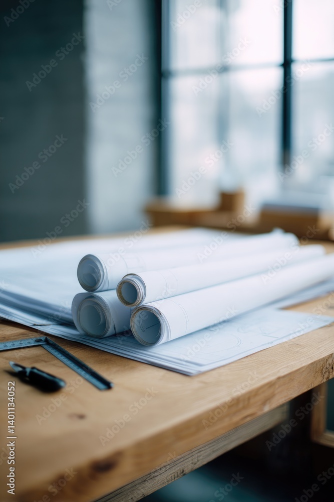 Poster architect clean workspace with blueprints and drafting tools neatly arranged on wooden desk