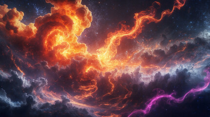 Fiery cosmic clouds collide in a breathtaking celestial dance, swirling with incandescent energy and vibrant purple streams across a star-studded expanse.
