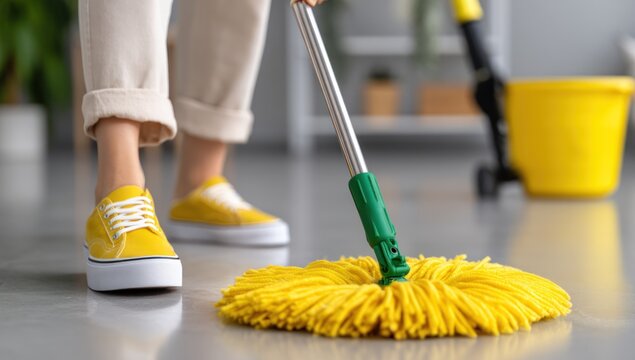 Person mopping the floor in a home; clean and tidy background for sanitation use - Powered by Adobe