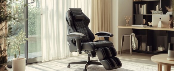 Comfortable black gaming chair is situated in a modern indoor space