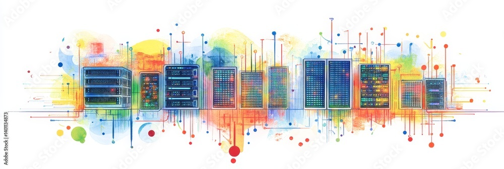 Poster colorful data center network - abstract illustration of interconnected data servers, showcasing vibr