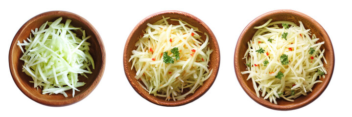 Top view of shredded green papaya and Thai-style green papaya salad in wooden bowls, isolated on transparent background, ideal for Asian cuisine recipes, street food visuals, or healthy meal prep
