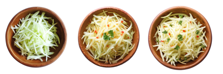Top view of shredded green papaya and Thai-style green papaya salad in wooden bowls, isolated on transparent background, ideal for Asian cuisine recipes, street food visuals, or healthy meal prep