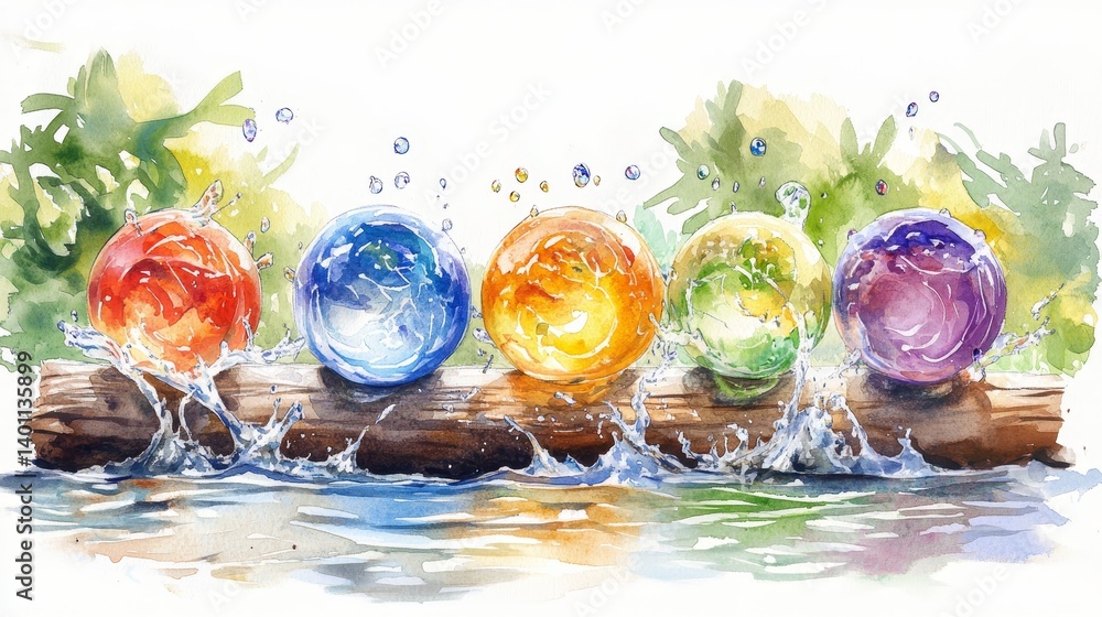 Poster colorful spheres rolling on log - five vibrant spheres roll across a log into water, creating splash