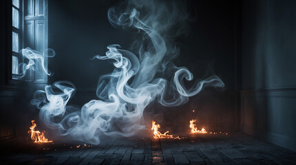 Ethereal smoke dances with flickering flames in a forgotten room, creating a haunting scene of mystery and loss, in a dark and moody atmosphere.