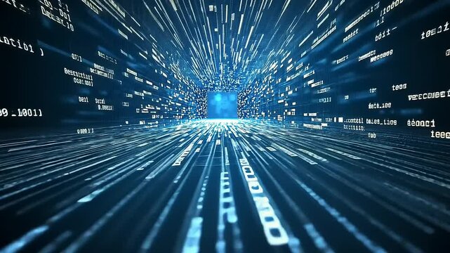 Abstract Digital Data Flow with Binary Code and Light Rays in a Futuristic Space