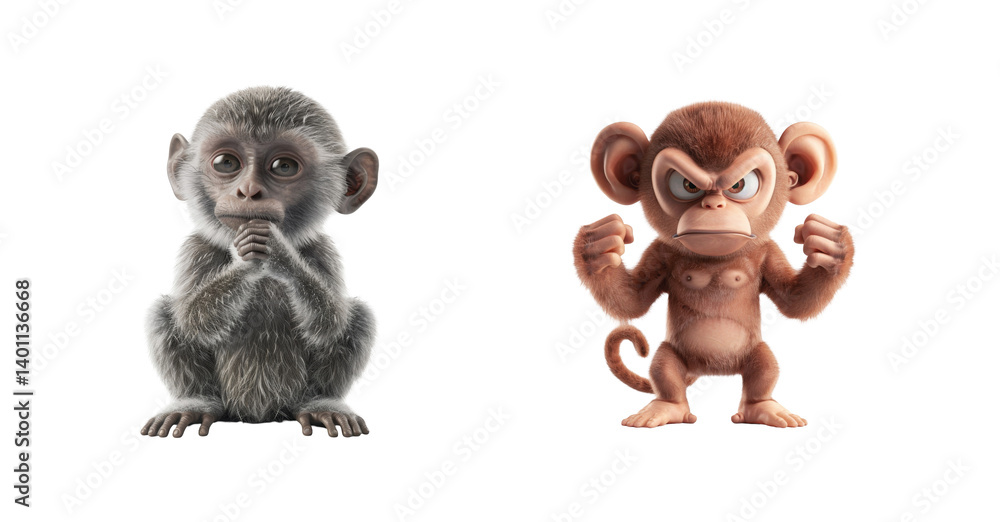 Poster adorable cartoon monkeys with different expressions in a row showcasing playful personalities