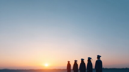 graduates wearing caps and gowns standing in sunlit field at dawn each person looking in different direction