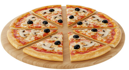 Isolated Pizza with Mushrooms and Olives on Wooden Board