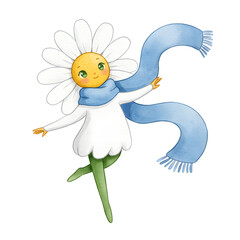 Dancing Daisy with Flowing Scarf in Watercolor