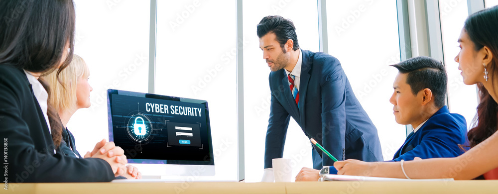 Poster cyber security system on computer screen protect private information snugly from hacker and cyber at