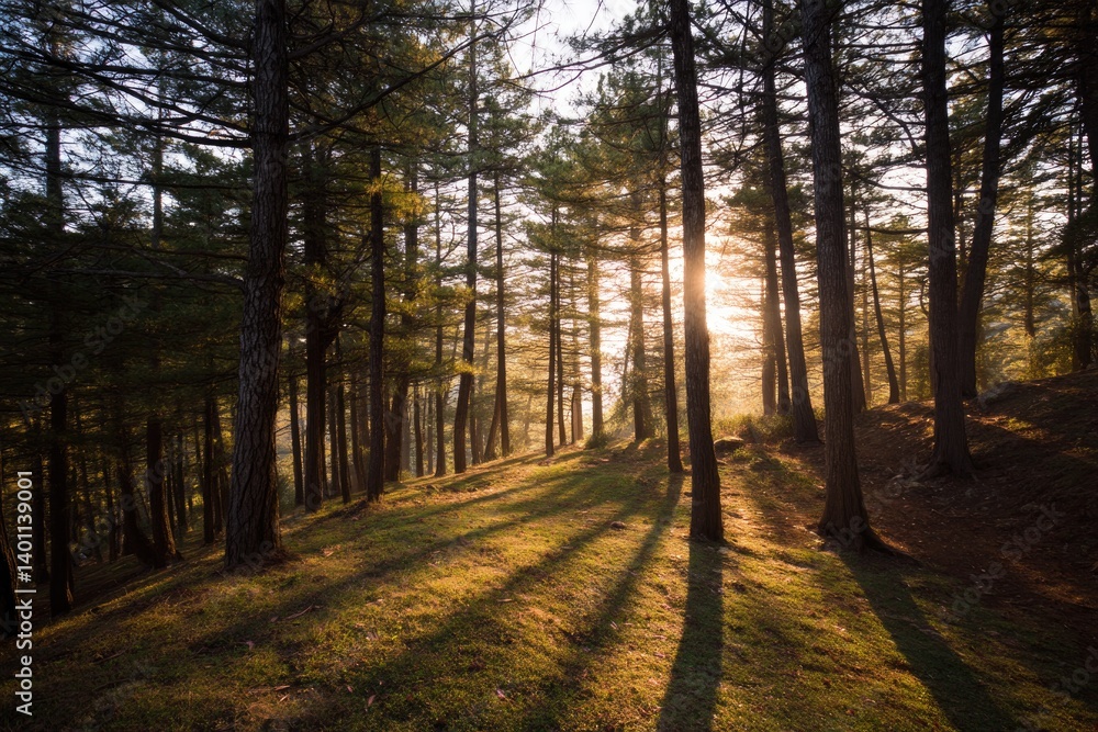 Poster sunlight streaming through tall trees casting intricate shadows on forest floor during golden hour