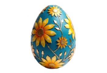 Blue Easter egg decorated with golden yellow daisies, leaves and floral ornaments on transparent background
