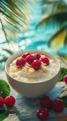 Delicious coconut dessert topped with cherries by a tropical beach on a sunny day