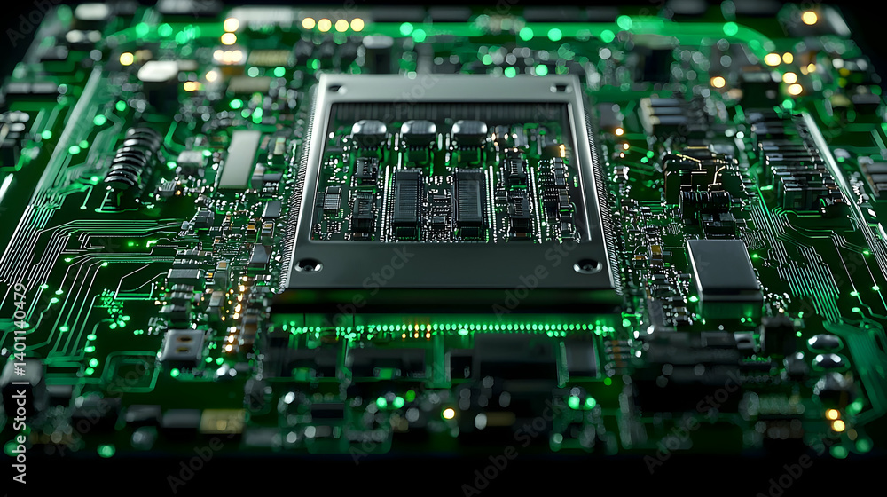 Aufkleber closeup view of complex circuit board with glowing green components